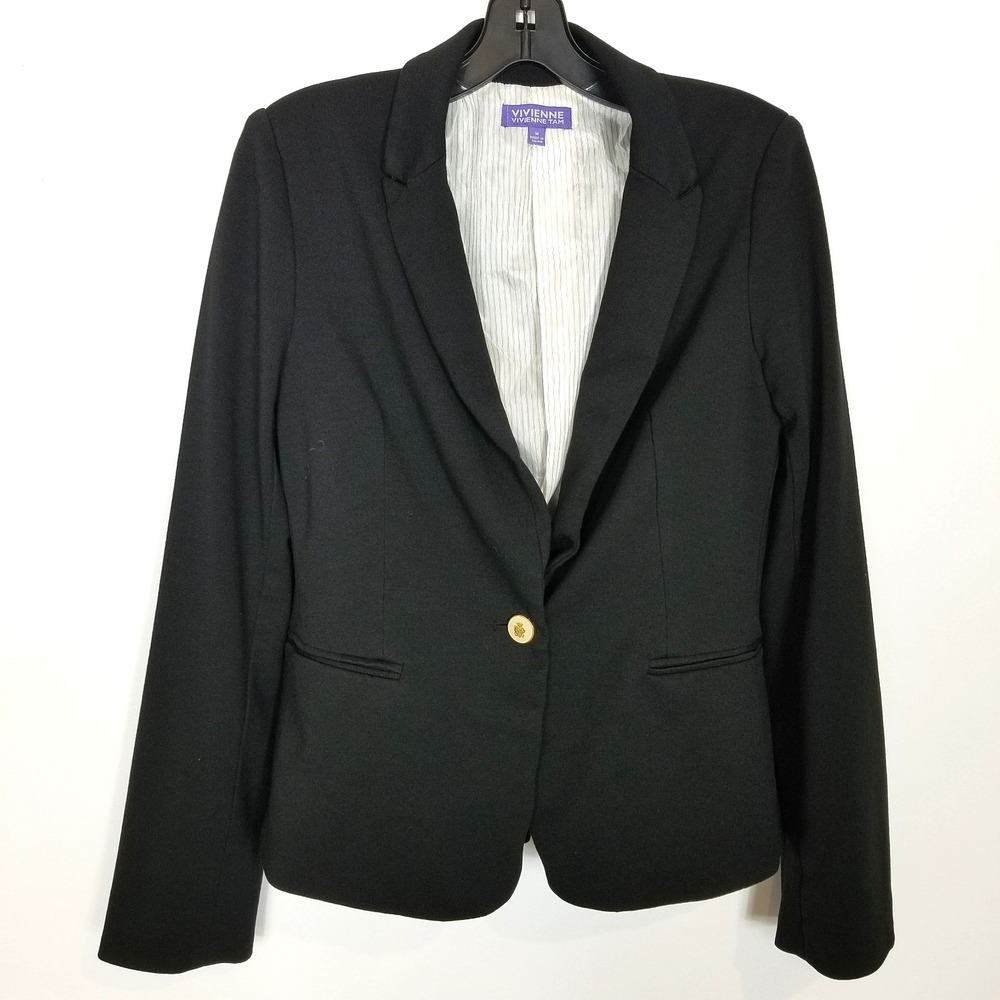 Vivienne Tam Women‎ Ponte Blazer Jacket Sz M Black One Button Classic Preppy